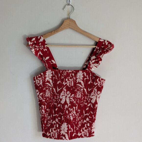 Old Navy Red Floral Ruffle Trim Smocked Square Neck Blouse Top - Picture 5 of 7